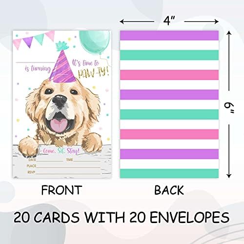Wuawn 20 כלבים הזמנות ליום הולדת עם מעטפות, מילוי חיית מחמד בלון - בהזמנת יום הולדת קלפים לבנים ובנות, נוער,