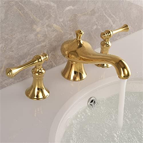 ברזי אמבטיה ברז זהב, כפול מחזיק שלושה חור סיפון רכוב חם וקר מים אגן מיקסר ברז, נחושת כלי אמבטיה כיור