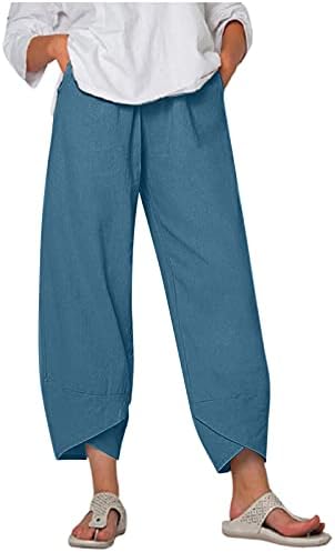 מכנסיים של ליירקה קאפרי לנשים מכנסי פשתן כותנה קיץ מזדמנים מכנסיים מותניים אלסטיים רופפים מכנסי קפריס רחבים מכנסיים