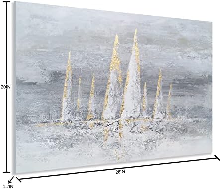 יחסקי אמנויות שיט סירת בד קיר אמנות-יד צבוע אפור אוקיינוס ציורי עם זהב רדיד-מופשט חוף תמונות
