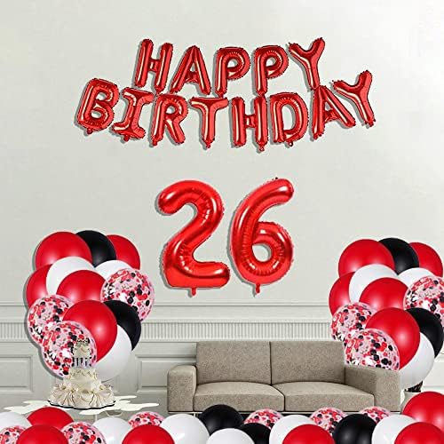 קישוטי מסיבת יום הולדת 26 של Succris בלונים קונפטי 16 אינץ 'אדום יום הולדת שמח נייר כסף בלונים נייר