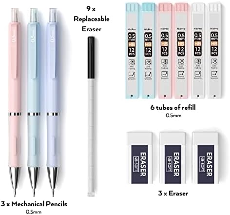 6 יחידות פסטל עיפרון מכאני 0.5 ממ לבית הספר, עם 9 צינורות עופרת מילוי, מחקים, מחק מילוי עבור תלמיד כתיבה,