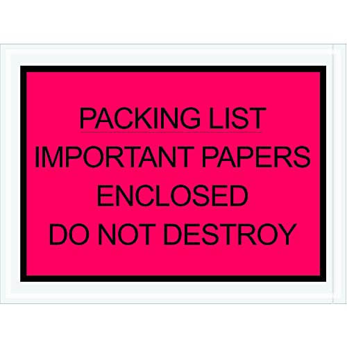 מעטפות מסמך טעינה של דבק אדום מודפסות עם רשימת אריזה סגורה, ניירות חשובים ואל תשמיד , 4 1/2 x 6 לצורך חיבור