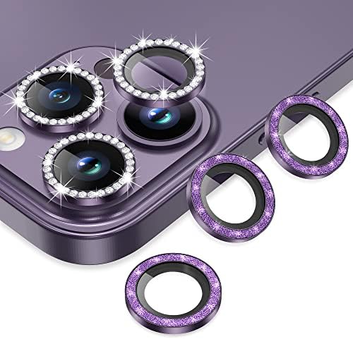 AGVEE 3+3 לאייפון 14 PRO 6.1 / 14 PRO MAX 6.7 מגן עדשת מצלמה, Bling Diamond & Bling טבעת מתכת נצנצים 9H Temble