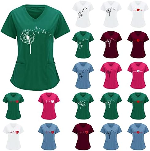 סקראבס חולצות לנשים נמתח פעימות לב הדפסת רפואי לשפשף חולצות עם כיס קיץ רך קצר שרוול צווארון חג טוניקות