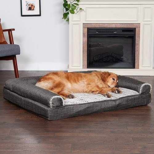 מיטת כלב אורטופדית יוקרתית פרווה מלאכותית וביצועים בסגנון ספת פשתן עם כיסוי רחיץ נשלף-פחם, ג ' מבו