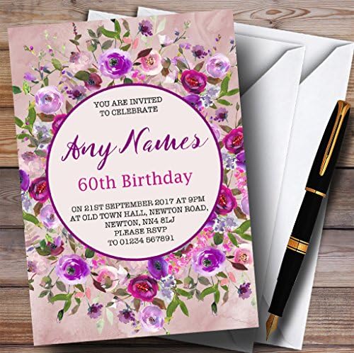 פרחוני מים ורודים וסגולים פרחים 60 הזמנות למסיבת יום הולדת בהתאמה אישית