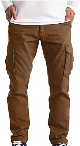 מכנסי מטען לגברים בובט צבע אחיד בכיסים מרובים מזדמנים שרוך חוץ חיצוני מכנסי כושר ישר מכנסיים חאקי