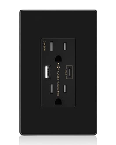 Amerisense GAN 65W 6AMP 2-יציאה לשקע קיר USB, 15 אמפר עמיד בפני תקן עמיד עם 1 C & 1 סוג USB סוג יציאה, מטען