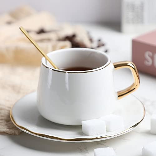 כוסות קפה קרמיקה אלגנטית של Mosyone עם צלוחית וכף - סט תה זהב כוס של 3 - מושלם לתה, קפה, לאטה,