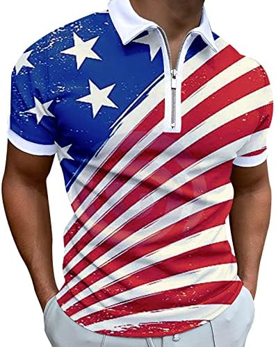 חולצות פולו 4 ביולי לגברים דגל קיץ ארהב דגל 3D הדפסים שרוולים קצרים חולצות טוניקה טוניקה רוכסן פולו