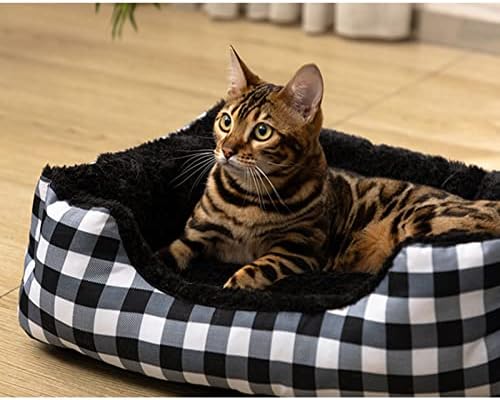 מלבן Hollypet קטיפה מיטת חתול קטיפה מיטת חיית מחמד מחממת עצמית, צ'ק שחור