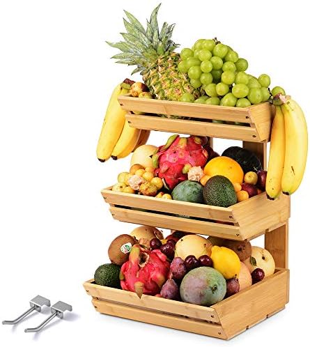 סל פירות במבוק למטבח, סל דלפק 3 שכבות, מחזיק מעמד פירות לאחסון פירות וירקות, קערת פירות עם קולב בננה לשטח השיש