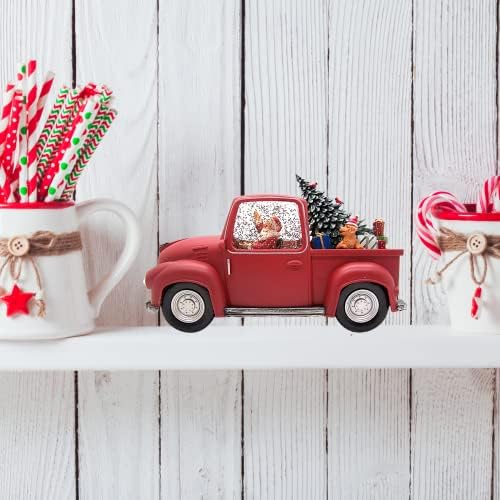 משאית גלובוס שלג מוארת עם סנטה ועץ, נצנצים מסתחררים, קישוט חג מולד בודד, עיצוב חג חגיגי, גובה 7 סנטימטרים