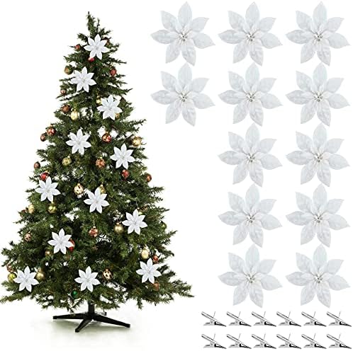 מקיאסט 12 חתיכות חג המולד נצנצים פוינסטיה פרחי עץ חג המולד קישוטי פרחים חג המולד קישוטי עץ עץ עם קליפים חתונה,