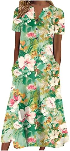 שמלת צווארון V קיץ מזדמן לנשים הדפסת פרחים אופנה שרוול קצר שמלות מידי שמלות כיסי חוף פרחוניות שמלת