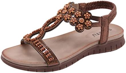 סנדלי קיץ לנשים תחתונים שטוחים מזדמנים נעליים רומיות נעלי בית סנדל חוף פרחים בסגנון אתני