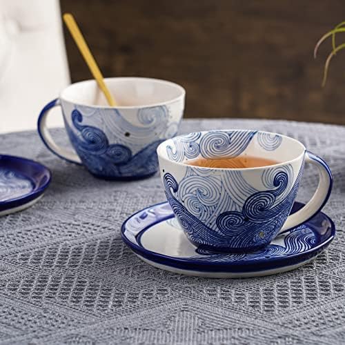 כוס תה קרמיקה של Taimei ומוצרי צלוחית עם כף, 8.5oz גלים צבועים ביד ספל קפה לתה, קפוצ'ינו, לאטה, אמריקנו - בטוח