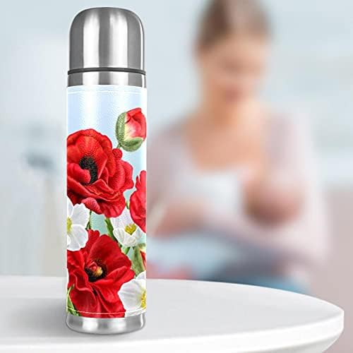פרגים אדומים ופרחים לבנים פרחים פרחי נירוסטה תרמוס תרמוס ואקום מבודד בקבוק מים עם מכסה 17 גרם ספל ספל בקבוק