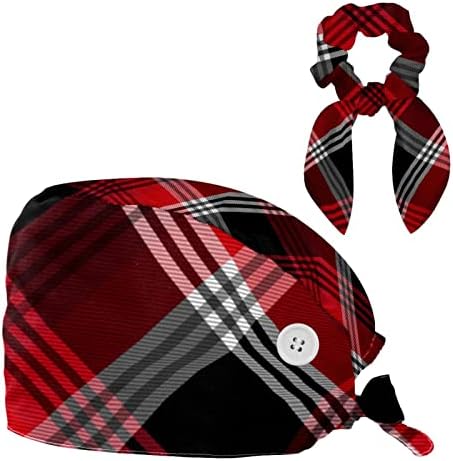 כובעי קרצוף אחות נשים שיער ארוך, חג המולד אדום שחור משובץ כובע עבודה מתכוונן עם כפתור ושיער קשת