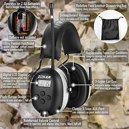 ZOHAN EM042 AM/FM אוזניות רדיו עם תצוגה דיגיטלית, הגנה על אוזניים על דשא וזוהן EM037 הגנת שמיעה עם Bluetooth, NRR
