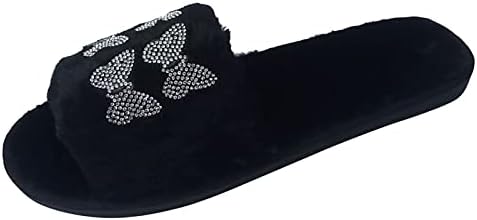 נעלי בית לנשים מקורות חיצוניות פרוות חיצוניות בית חם קטיפה שמור על קשת ריינסטון להחליק על שטוח חורף פתוח בוהן