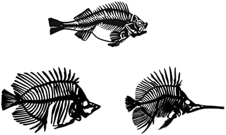 Decor Putuo 3 חלקים עצמות דגים אמנות קיר מתכת, פסל דגים תלוי בית חלון חדר שינה ביתי בית אגם