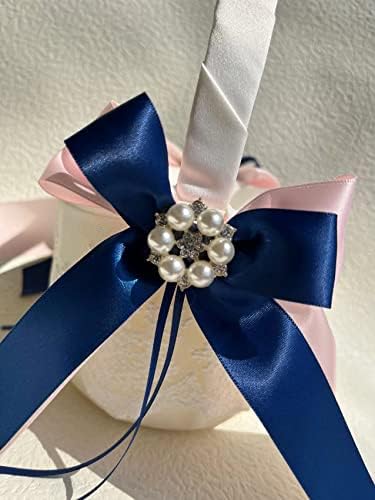 חתונה תחרה פנינת חתונה טבעת כרית כרית נושא 8.26 אינץ עם ורוד כחול כהה סרט קשת ריינסטון סיכת עבור חתונה טקס נדר