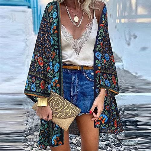 Beuu נשים אופנה בוהמיה הדפס שרוול ארוך רופף קרדיגנים מזדמנים חופשת חוף נוחה Midi Duster Coats Tops