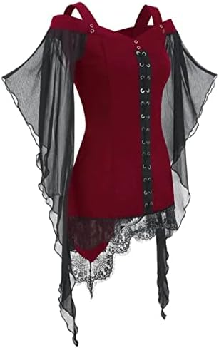 חולצות גותיות לנשים ליל כל הקדושים מימי הביניים של פאנק רנסנס וינטג 'צמרות תחרה תחרה חולצות מכשפות מכשפות