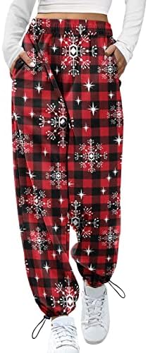 מכנסי טרנינג לחג המולד נשים עם כיסים נמתחים מותניים גבוהים מכנסי טרנינג רגועים כנסת חג המולד