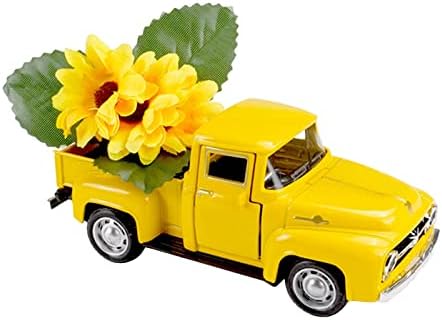 חג דקורטיבי מיני משאית מתכתית צהובה עם פרחים מגש שכבות דקורטיבי מגש שכבה וינטג '