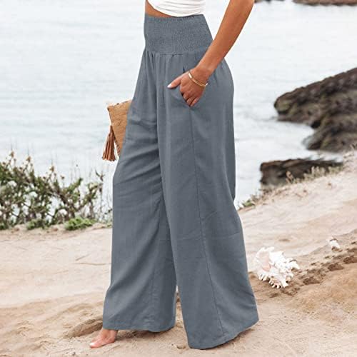 מכנסי פשתן זפוטיים לנשים רחבות רגל גבוהה מותניים רופפות מכנסיים פאלאצו מכנסיים מזדמנים חוף טרנדי עם כיסים