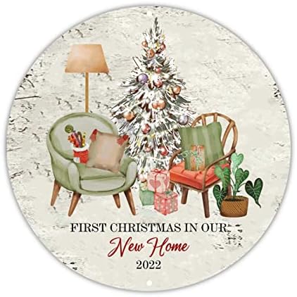 שלט קבלת פנים Decstic חג המולד בשמיים כיסא שלט פח עגול אדום ציפור אדומה שלט זר זרים שלום חורף