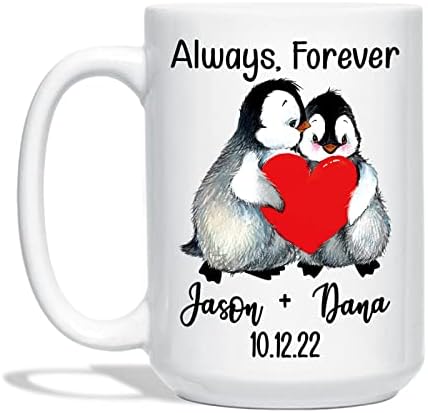 מותאם אישית תמיד לנצח פינגווין ספל, זוג ספל מתנות עבור פינגווין מאהב, אישית שמות & מגבר; תאריך פינגווין זוג