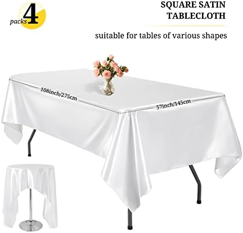 Lykoow 4 חבילות מלבן לבן שולחן שולחן לבן סאטן שולחן שולחן שולחן שולחן כיסוי כיסוי שכבת -על, בד חלק