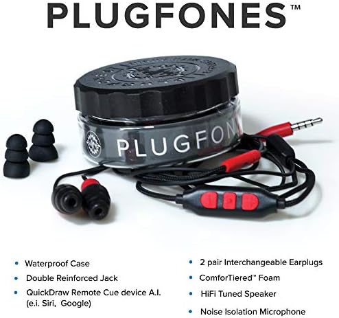Plugfones Protector Plus vl אוזניות אטם אוזניים, אוזניות להפחתת רעש עם מבודד רעש מיקרופון ובקרות, שחור ואדום