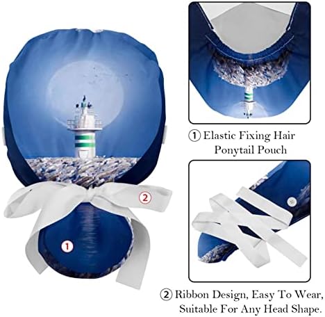 כובעים רפואיים לנשים עם כפתורים שיער ארוך, כובע עבודה מתכוונן 2 חלקים, מגדלור אוקיינוס ​​כחול