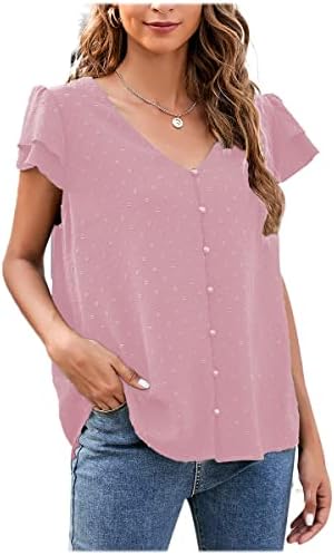 קצר שרוול חולצות לנשים קיץ עם צווארון כפתור למטה חולצה מוצק צבע לפרוע שרוול מקרית דוט טוניקת חולצות