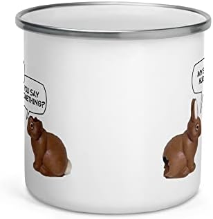 ספל אמייל ארנב שוקולד מצחיק. כוס קפה ארנב חמודה שתאיר את הבוקר של המחנה שלך.