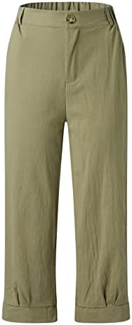 מכנסי פשתן כותנה לנשים, רגל ישר לבושת ישר רופפת כושר קפרי אורך מכנסיים קצוצים קדמיים עם כיסים