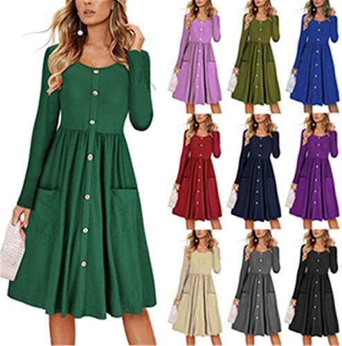 Andongnywell בצבע אחיד של נשים צווארון דצמבר-כפתור בכפתור וכיסי שמלה קפלים באורך הברך