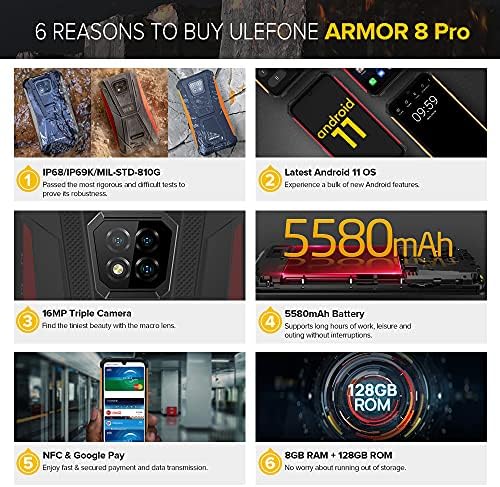 Ulefone Armor 8 Pro טלפון מחוספס, אנדרואיד 11 8GB+ 128 ג'יגה-בייט טלפון סלולרי אטום למים, Helio P60 Octa-Core