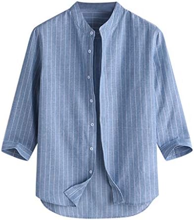 חולצות שרוול פסים XXBR לגברים, כפתור שרוול 3/4 למטה מעוגל שולי כותנה פשתן חולצה מזדמנים סתיו חוף קיץ