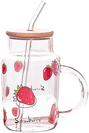 ספל זכוכית צלול של סיזיקטו עם מכסה וקש, 15 גרם כוס מיץ זכוכית שתייה, דפוס תות חמוד