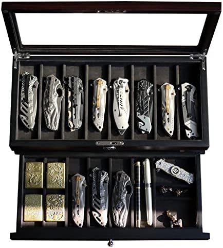 כיס סכין תצוגת מקרה לגברים אוסף מחזיק 15-17 מתקפל סכין עם אגוז גימור שתי קומות סכין ארגונית תיבת אחסון עם