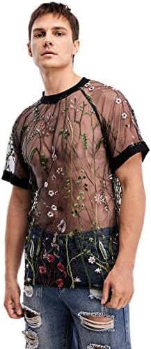 רשת פרחים פרחונית של WDIRARA רשת שרוול קצר שרוול קצר חולצת צוואר עגול עלי