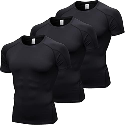 3 חבילות חולצות דחיסה אתלטיות של גברים, חולצת טריקו אימון שרוול קצר עליון ספורט יבש מגניב רץ שכבתי תחתיות