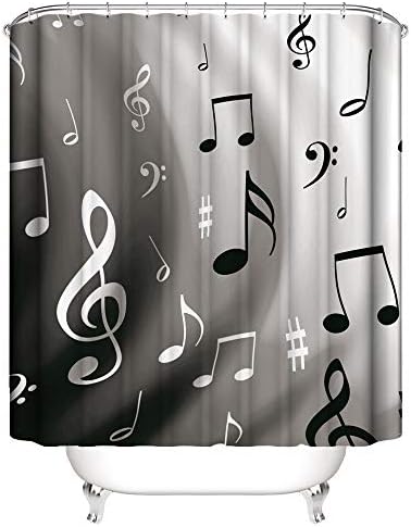 וילון מקלחת מודרני של Shocur, תווי מוסיקה בשחור לבן, 72 x 72 אינץ 'בד פוליאסטר בד אופנה אפור עיצוב אמבטיה סט