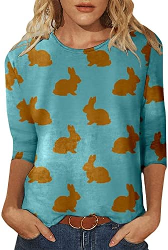חולצות טי פסחא של צ'ייקי לנשים 3/4 שרוול נשים הדפסת ארנבות צוות אופנה מזדמן כפתור צוואר כפתור שלוש צמרות פסחא
